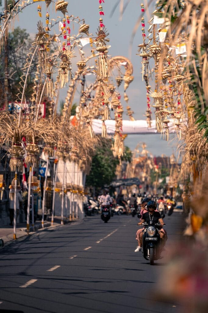 Penjor decorations during Galungan and Kuningan Nusa Penida lining the village roads.